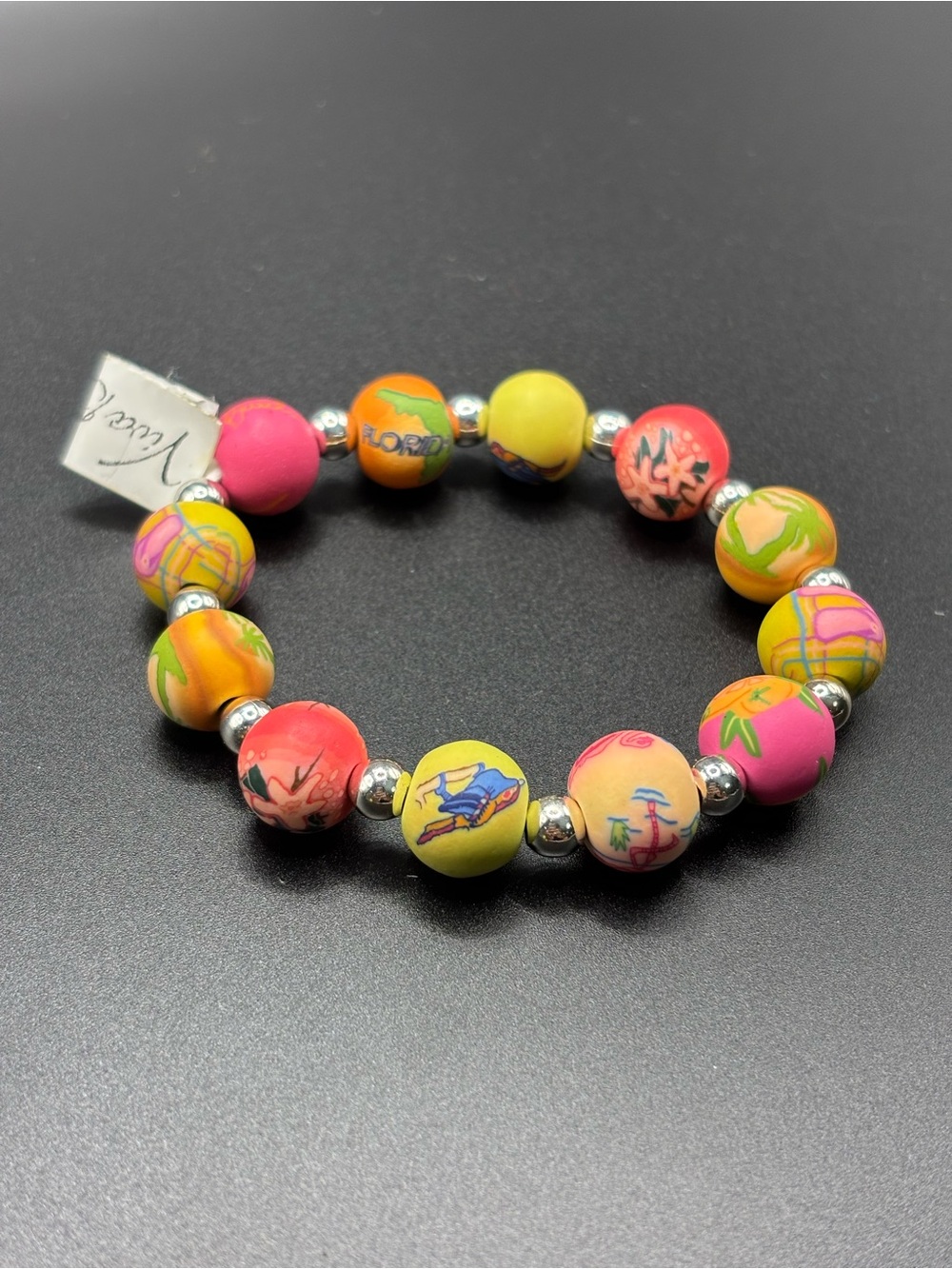 NWT Viva Beads Florida Tropical Clay Bead Stretch Bracelet Pink Green